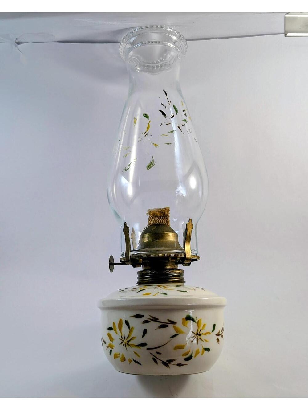 Vtg Ceramic Stoneware Oil Lamp w/ Han-painted Floral Design and Clear Chimney